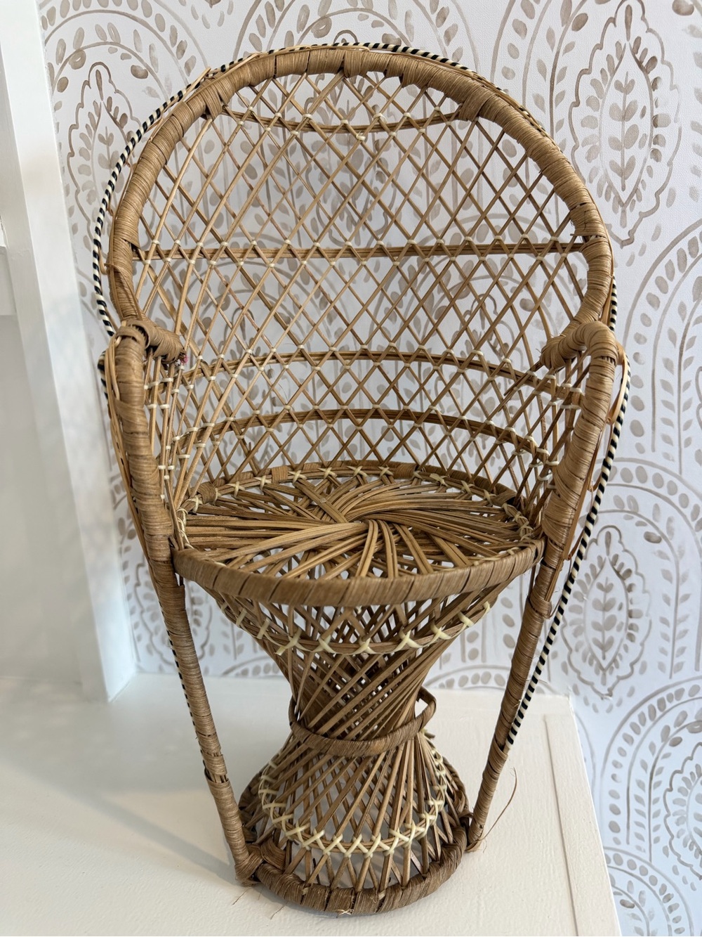 Vintage Miniature Peacock Wicker Rattan Chair Boho Doll Plant Stand 15” Tall